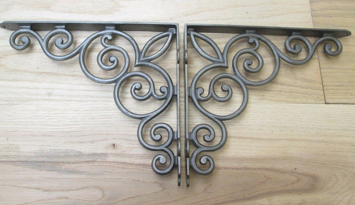 Pair Of Large Scroll Shelf Brackets Antique Iron 12inch.