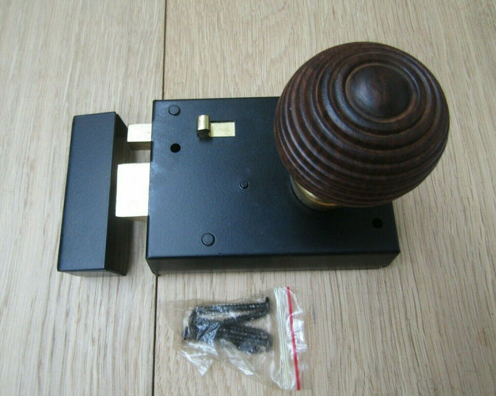 4inch Rim Latch Black & Beehive Teak + Brass Set.