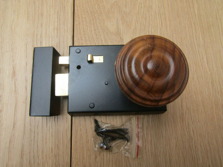 4inch Rim Latch Black & Bun Rimmed Teak + Brass Set.