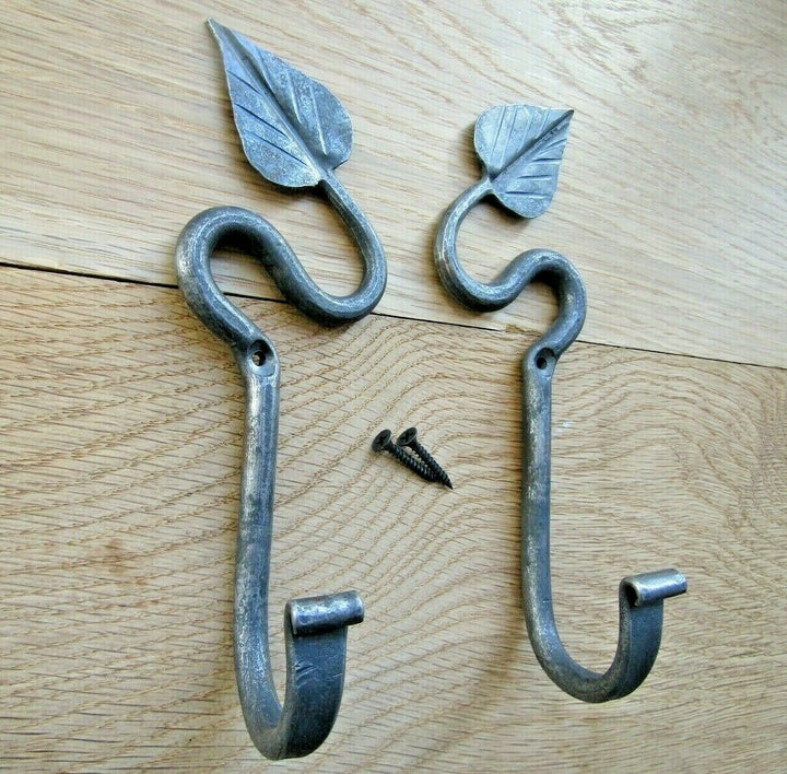 Pair Of 7inch Swirl Leaf Hooks Antique Iron.