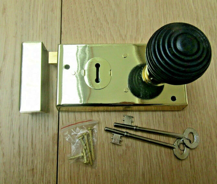 5.5inch Rim Lock Brass & Beehive Ebony + Brass Set.