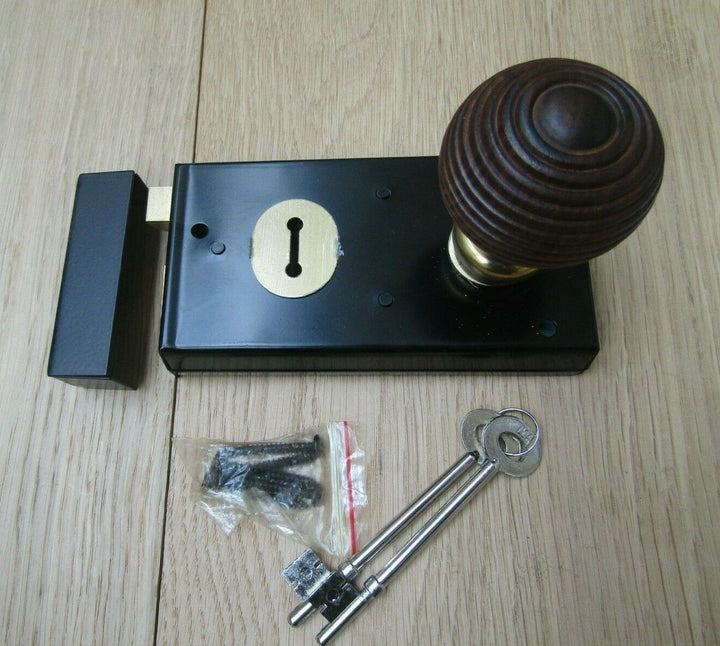 5.5inch Rim Lock Black & Beehive Teak + Brass Set.