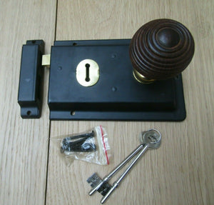 6inch Rim Lock Black & Beehive Teak + Brass Set.