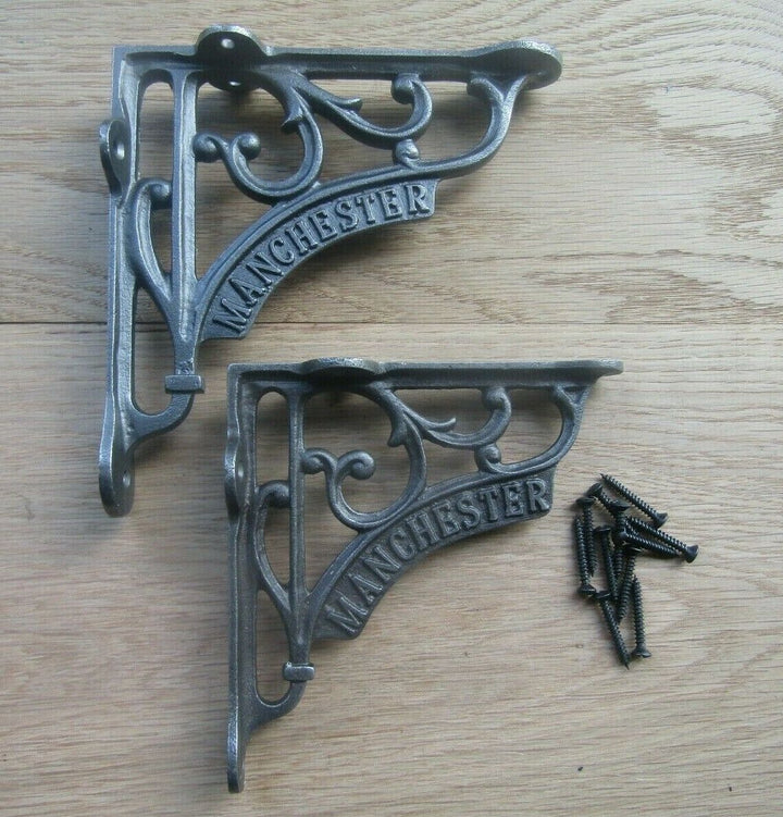 Pair Of 6inch Manchester Scroll Shelf Brackets Antique Iron.