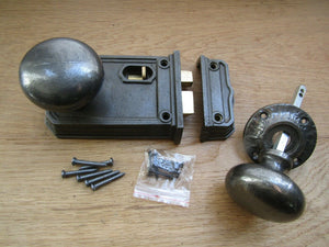 Large Rim Latch & Mushroom Rim Knob Set Antique Iron.