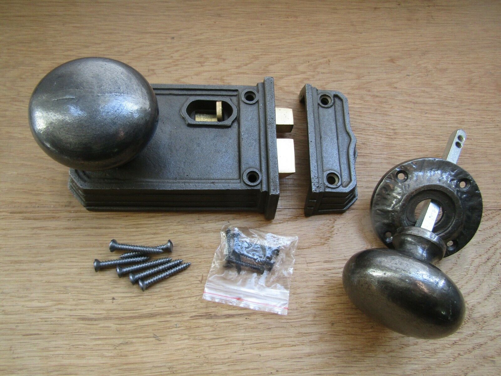 Large Rim Latch & Mushroom Rim Knob Set Antique Iron.