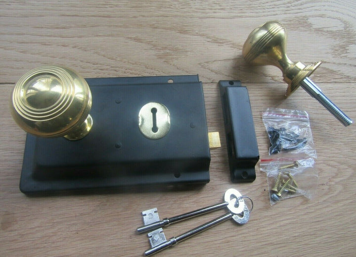 6inch Rim Lock Black & Regency Rimmed Brass Knob Set.