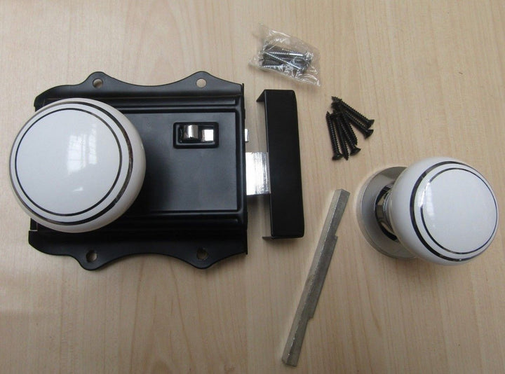 Olde Latch Black + Chrome & White Ceramic Chrome Rimmed Set.