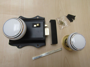 Olde Latch Black + Brass & White Ceramic Brass Rimmed Set.