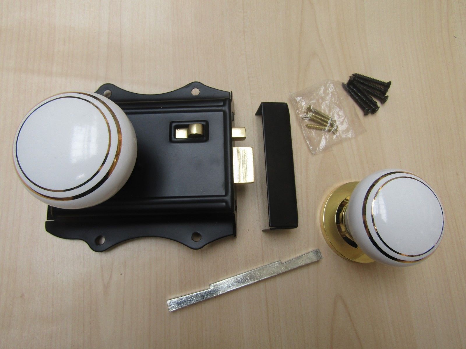 Olde Latch Black + Brass & White Ceramic Brass Rimmed Set.