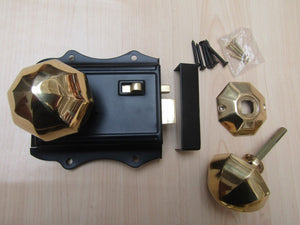 Olde Latch Black & Octagonal Rim Polished Brass Set.
