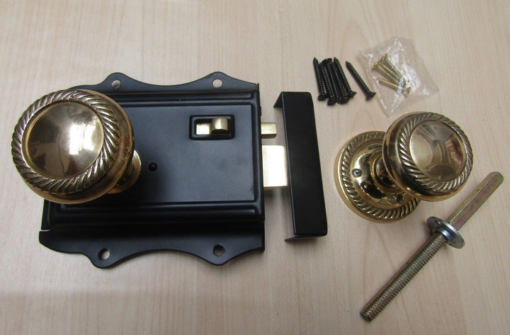 Olde Latch Black & Polished Brass Georgian Rim Set.