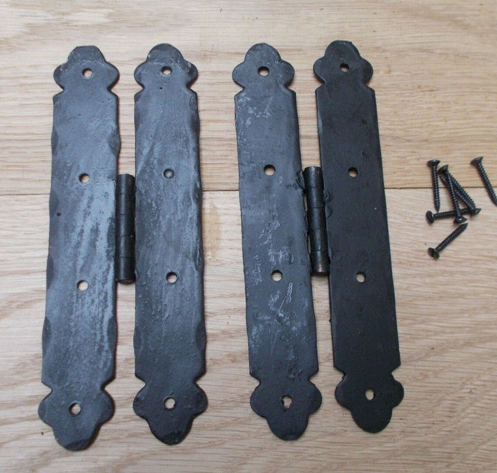 Pair Of Hand Forged Ornate H Hinges Black Wax.