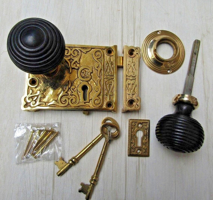 Ornate Rim Lock & Beehive Ebony + Brass Set.