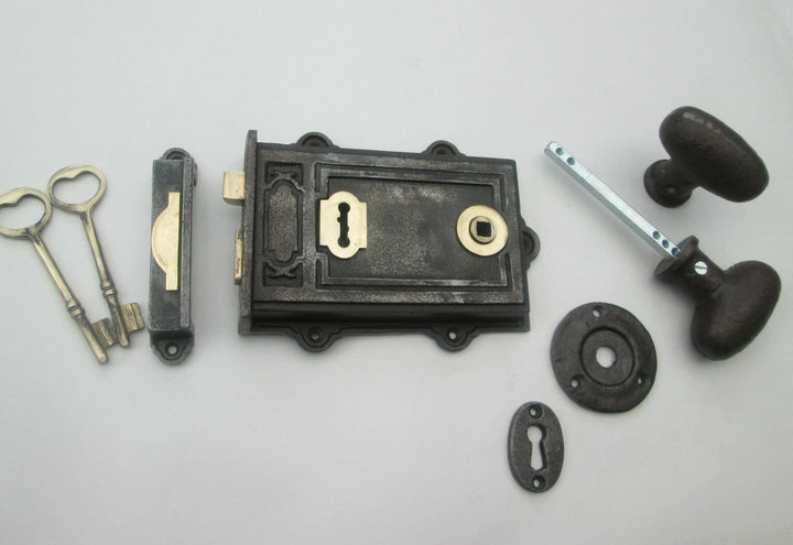 Cast Iron Davenport Rim Lock Black Antique & Oval Knob Set.