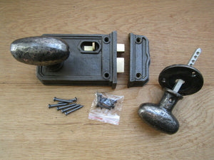 Large Rim Latch & Oval Rim Knob Set Antique Iron.