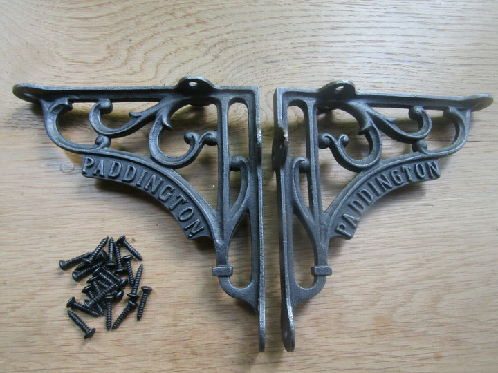 Pair Of 7x7.5inch Paddington Scroll Brackets Antique Iron.