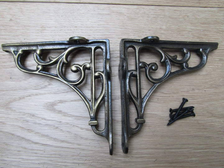 Pair Of 5inch Victorian Scroll Shelf Brackets Antique Brass.