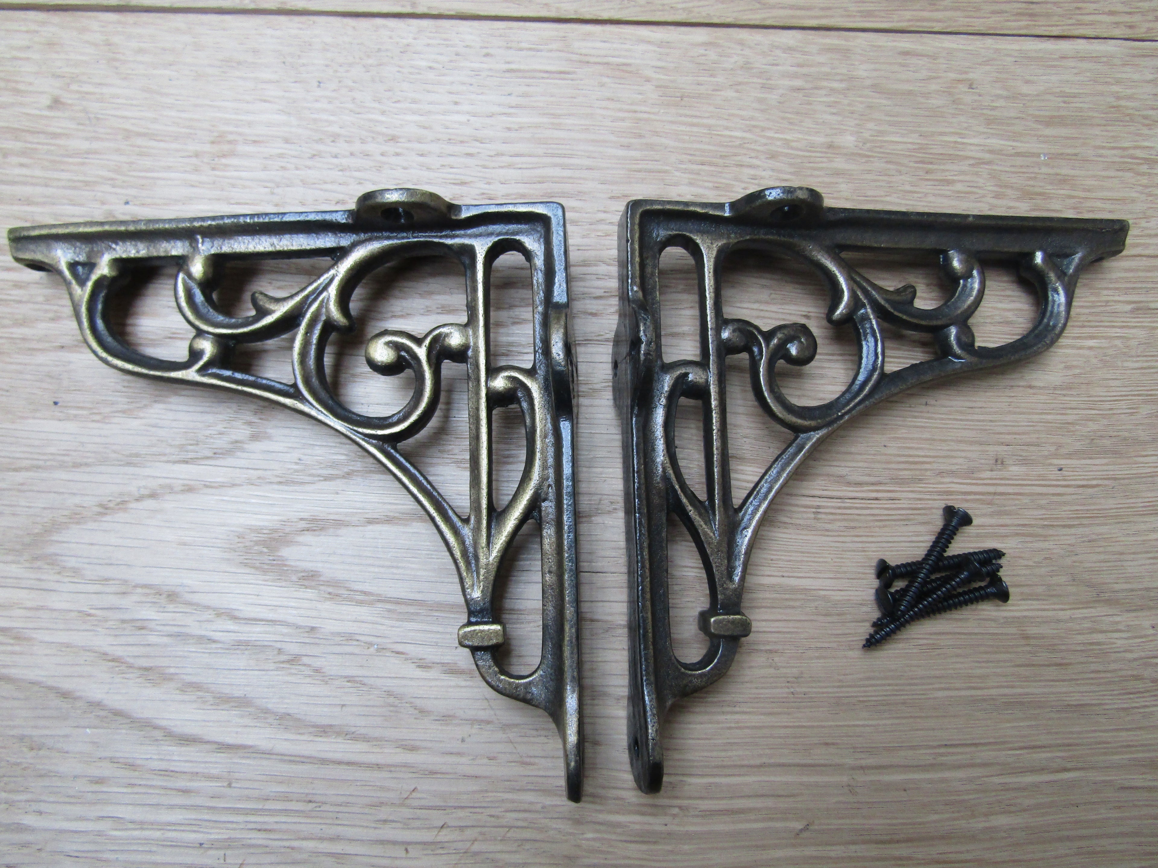 Pair Of Victorian Scroll Metal Shelf Brackets Antique Brass 7inch.
