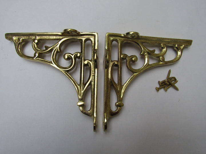 Pair Of 5inch Victorian Scroll Shelf Brackets Polished Brass.