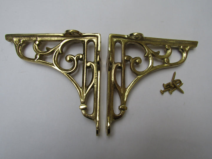 Pair Of 6inch Victorian Scroll Shelf Brackets Brass Plated.
