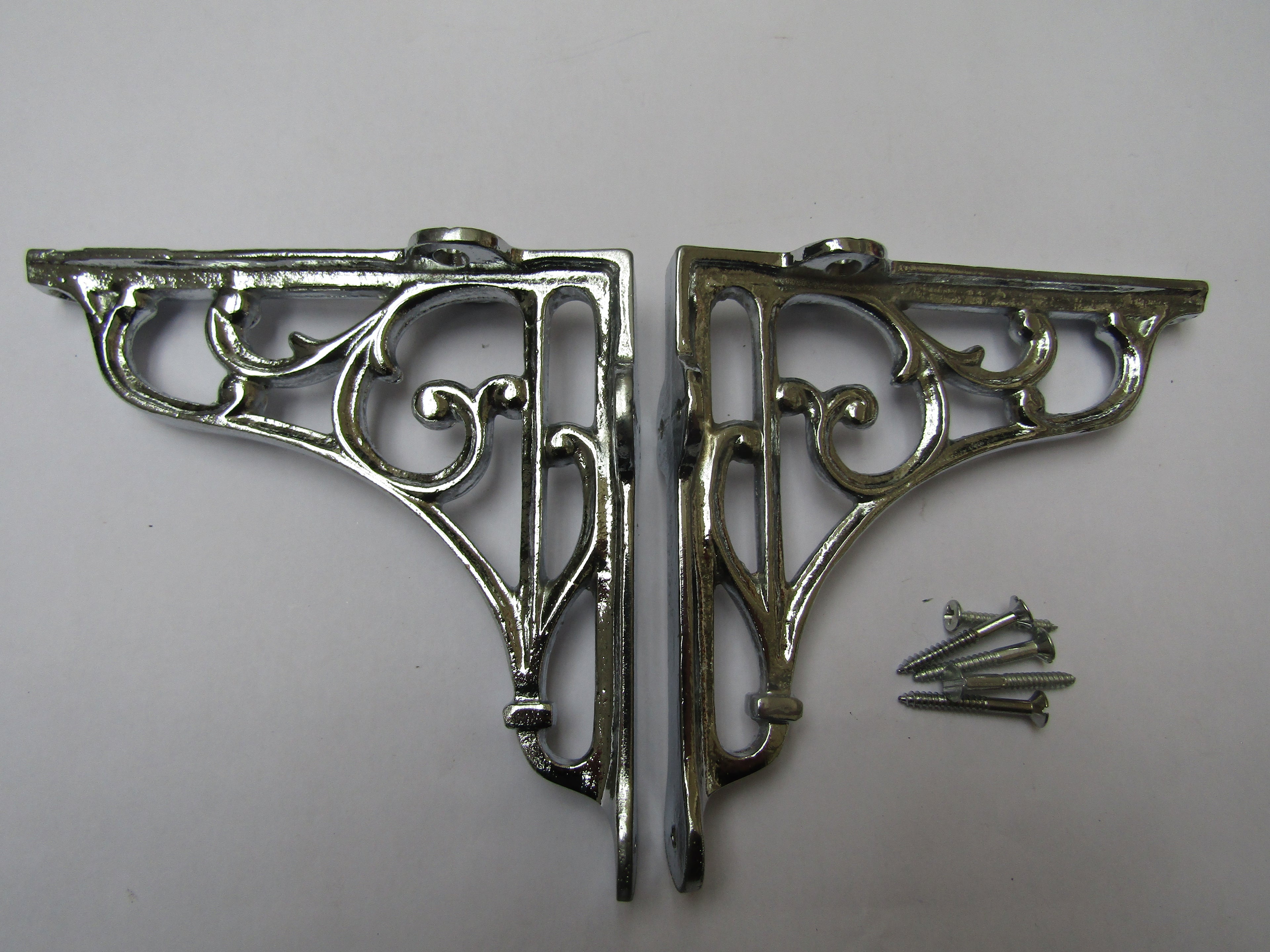 Pair Of 6inch Victorian Scroll Shelf Brackets Polished Chrome.