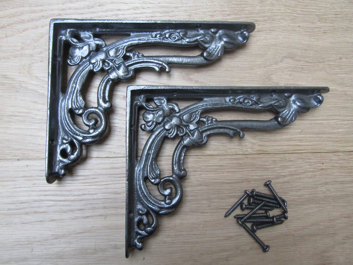 Pair Of Floral Shelf Brackets Antique Iron 8inch.