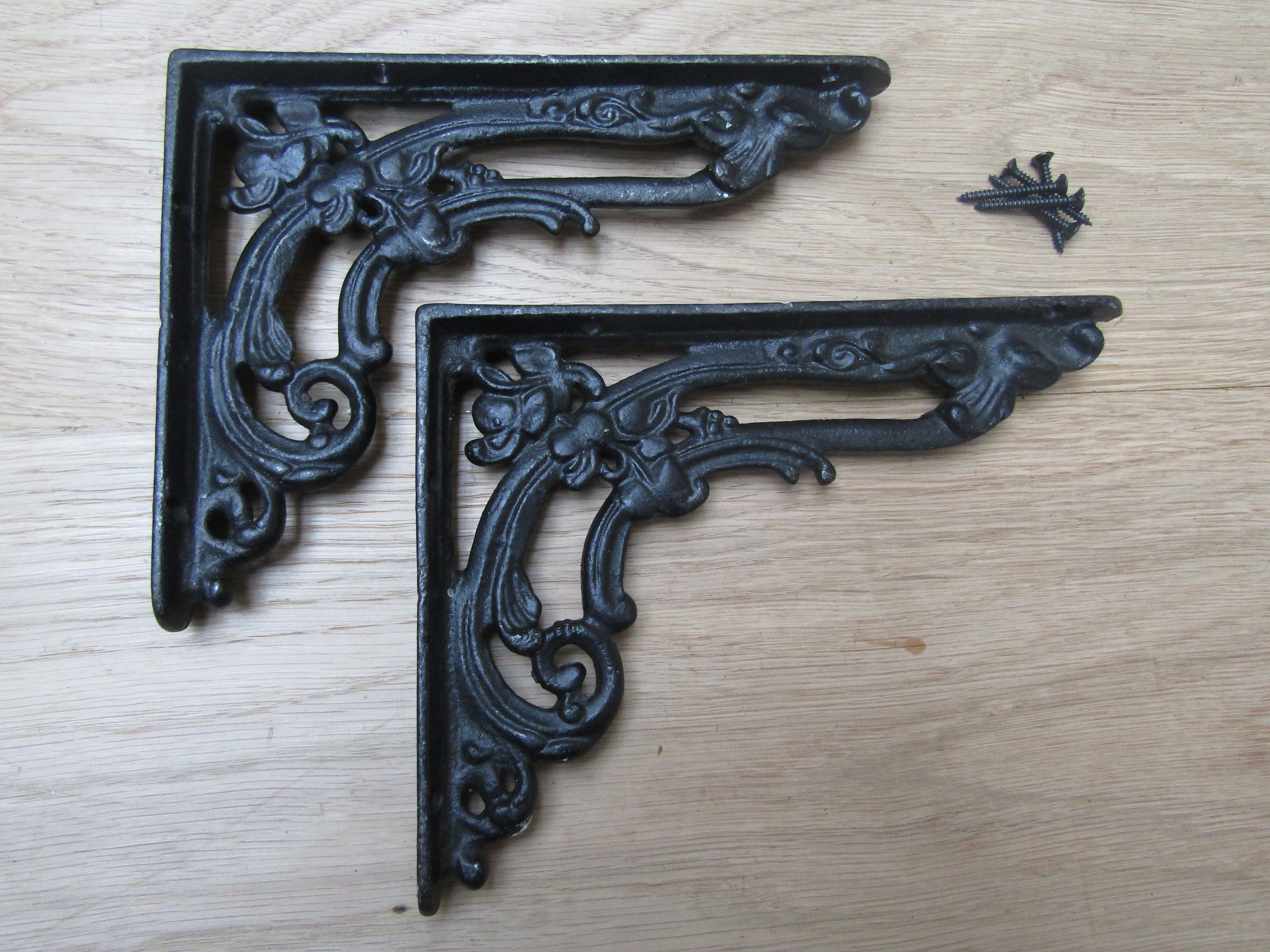Pair Of Floral Shelf Brackets Black Wax 8inch.
