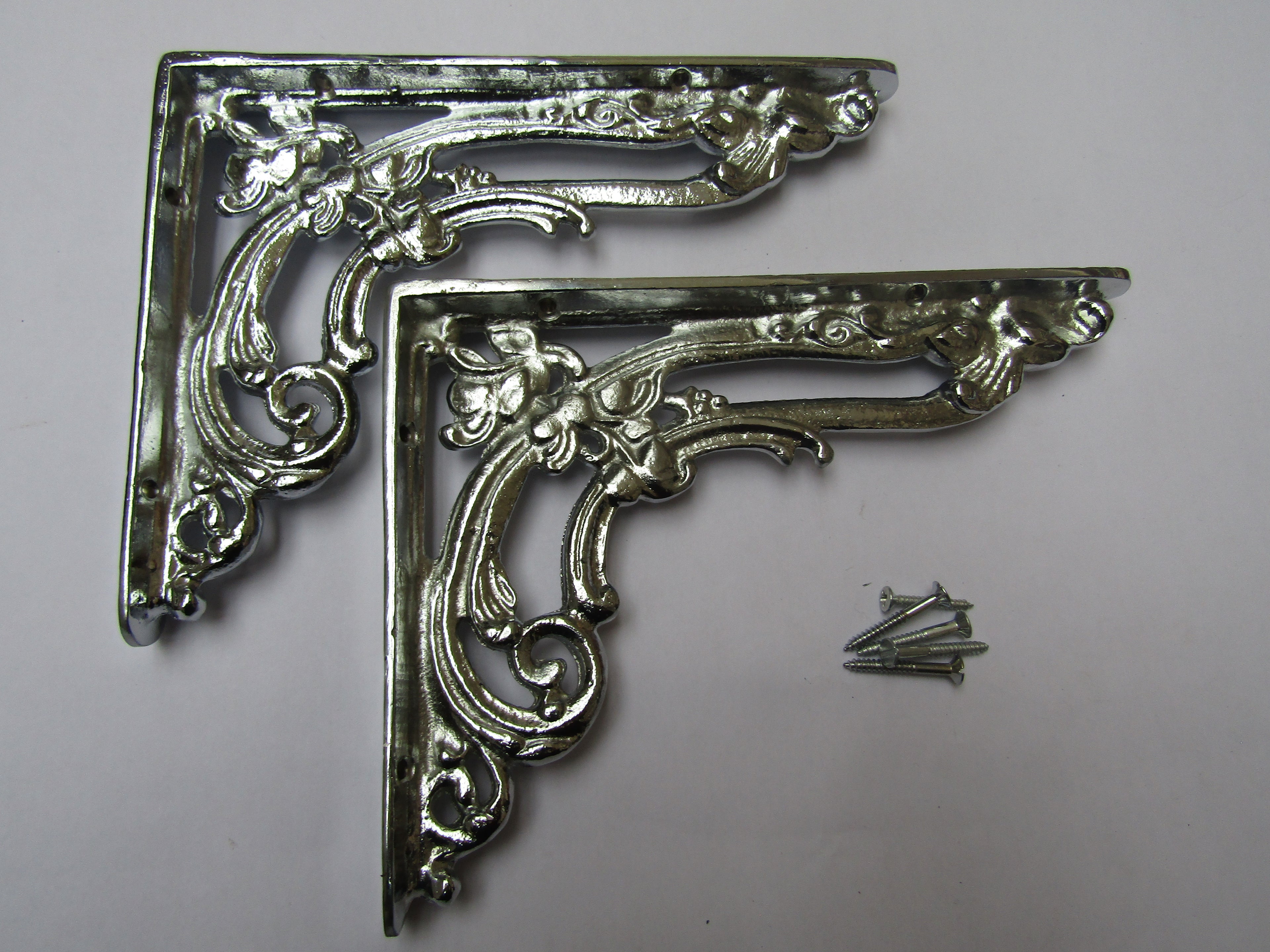 Pair Of Floral Shelf Brackets Polished Chrome 8inch.
