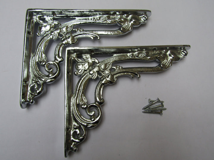 Pair Of Floral Shelf Brackets Polished Chrome 8inch.
