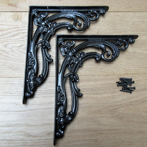Pair Of Floral Shelf Brackets Black Wax 12inch.