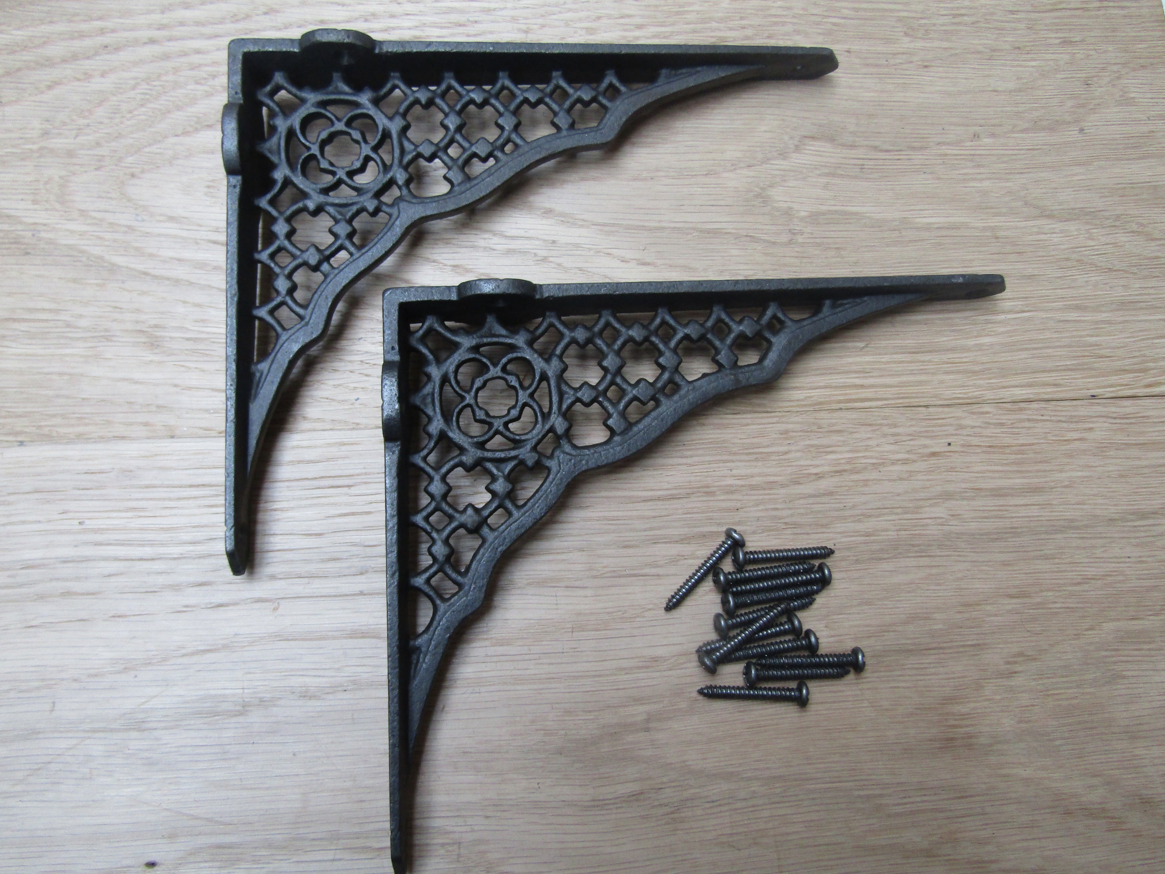 Pair Of Jali Lattice Shelf Brackets Antique Iron 8inch.