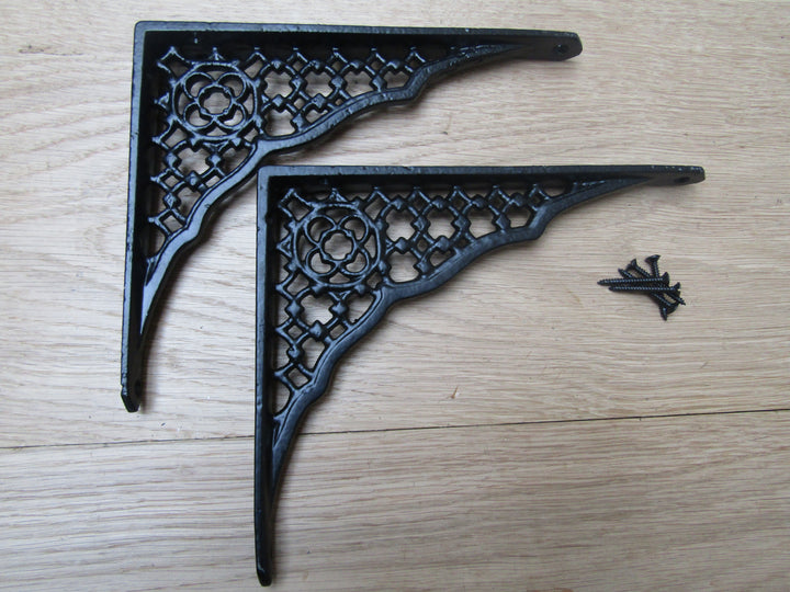 Pair Of 12inch Lattice Shelf Brackets Black Antique.