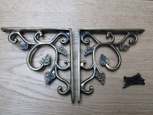 Pair Of Small Leaf Shelf Brackets Antique Brass.