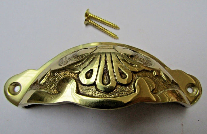 Floral Cup Pull Handle Polished Brass on Brass.