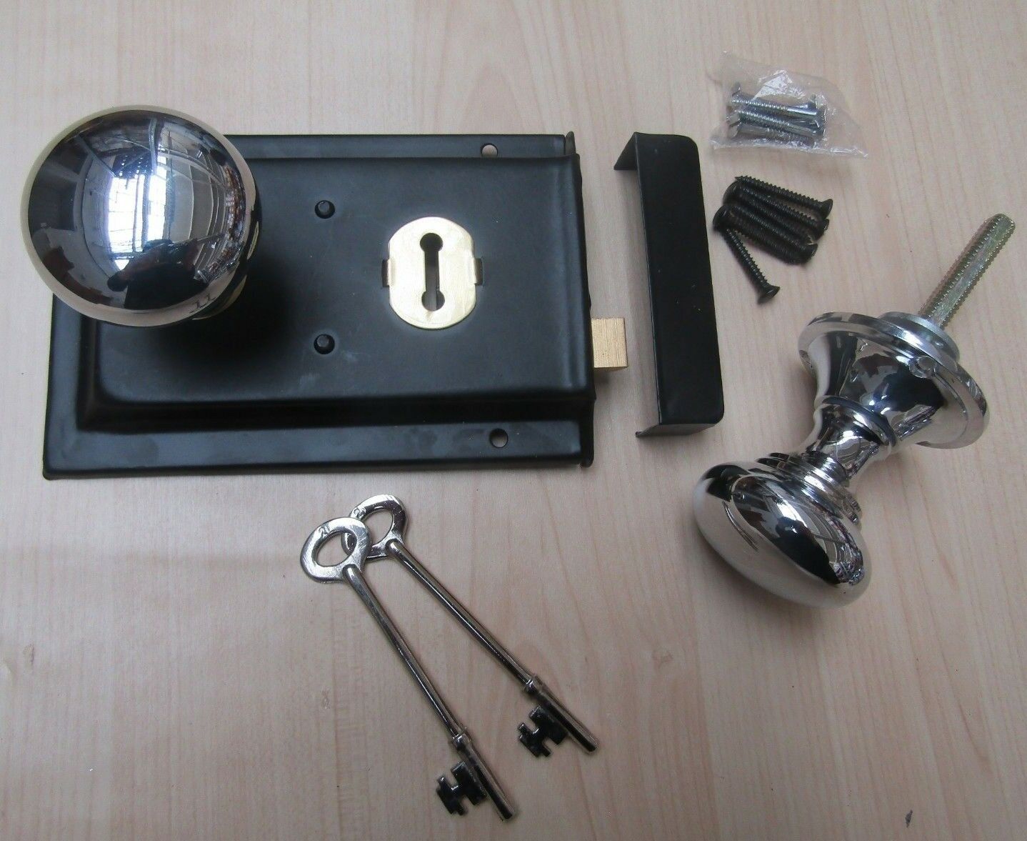 6inch Rim Lock Black & Cottage Rim Knob Set Polished Chrome.