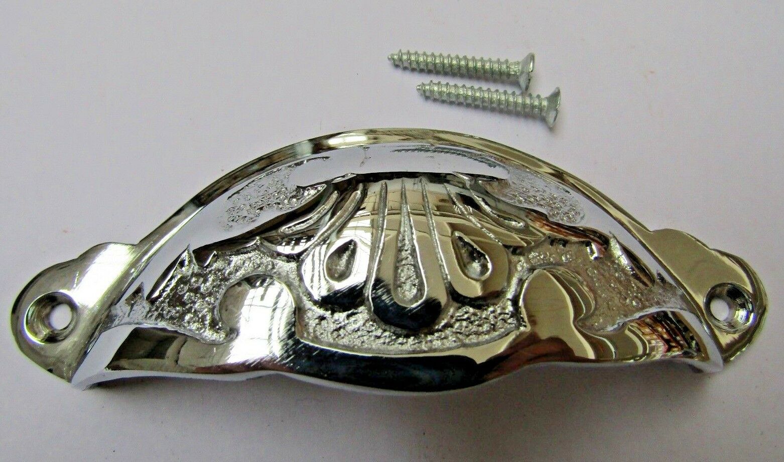 Floral Cup Pull Handle Polished Chrome on Brass.