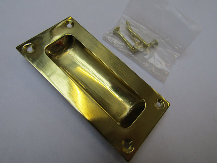 90mm Rectangular Recessed Slide Handle polished brass.