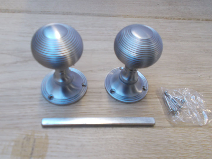 Mortice Door knob Satin Chrome Queen anne reeded.