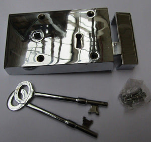 Solid Brass Construction Right hand Rim Lock Polished Chrome.