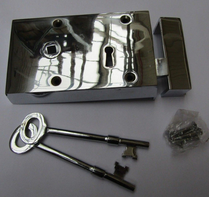 Solid Brass Construction Right hand Rim Lock Polished Chrome.