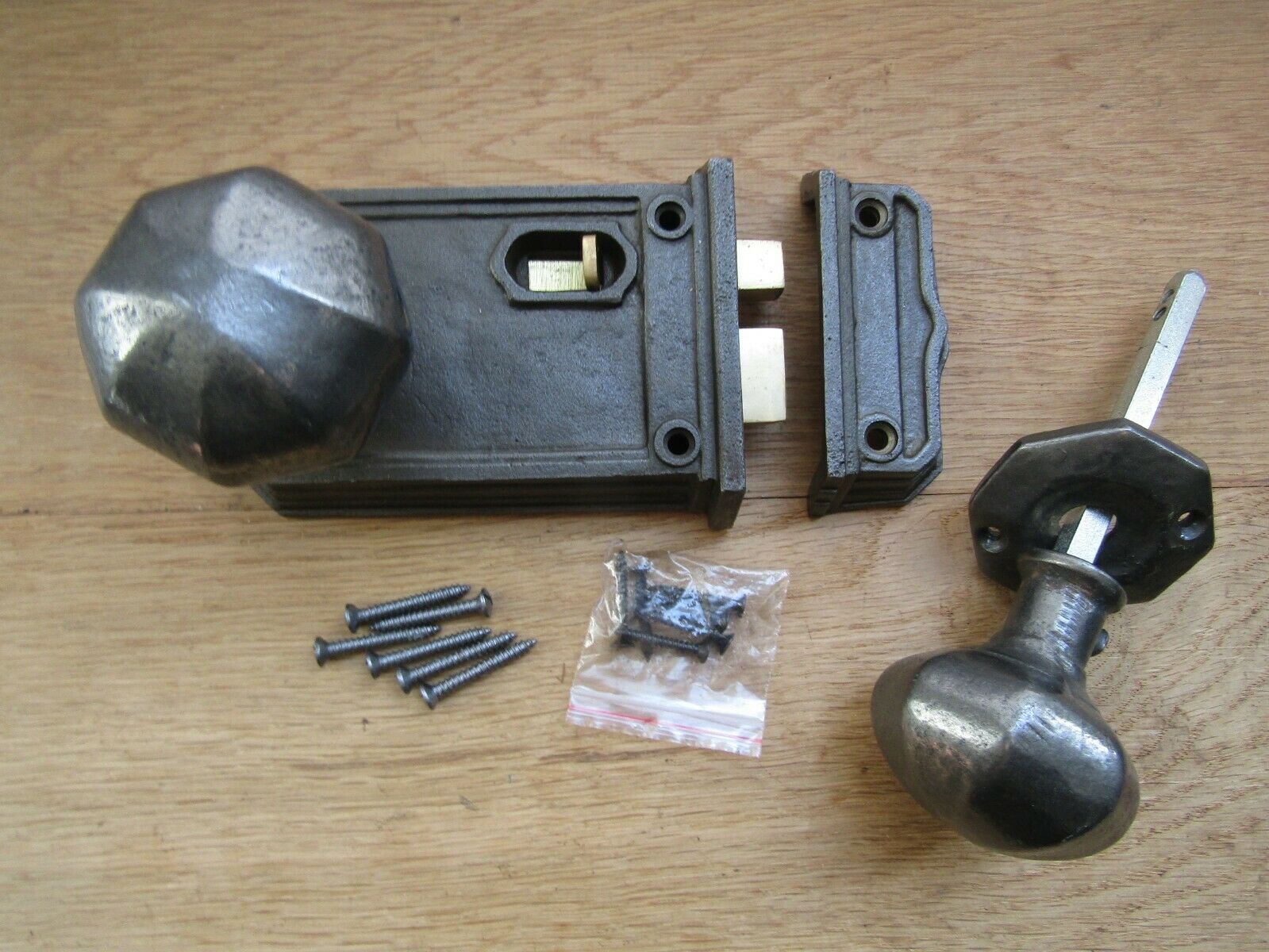 Large Rim Latch & Octagonal Set Antique Iron.