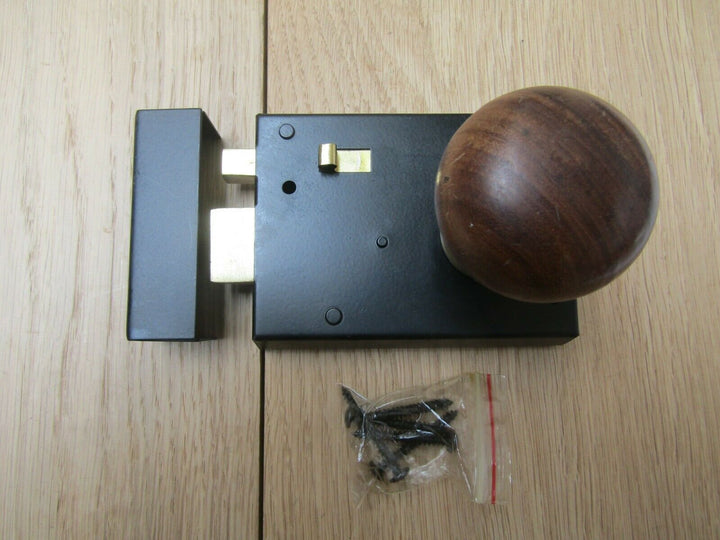 4inch Rim Latch Black & Plain Bun Teak + Brass Set.