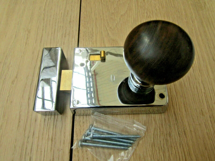 4inch Rim Latch Polished Chrome & Plain Bun Teak + Chrome Set.