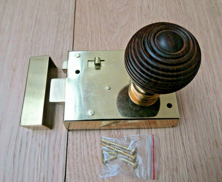 4inch Rim Latch Brass & Beehive Teak + Brass Set.