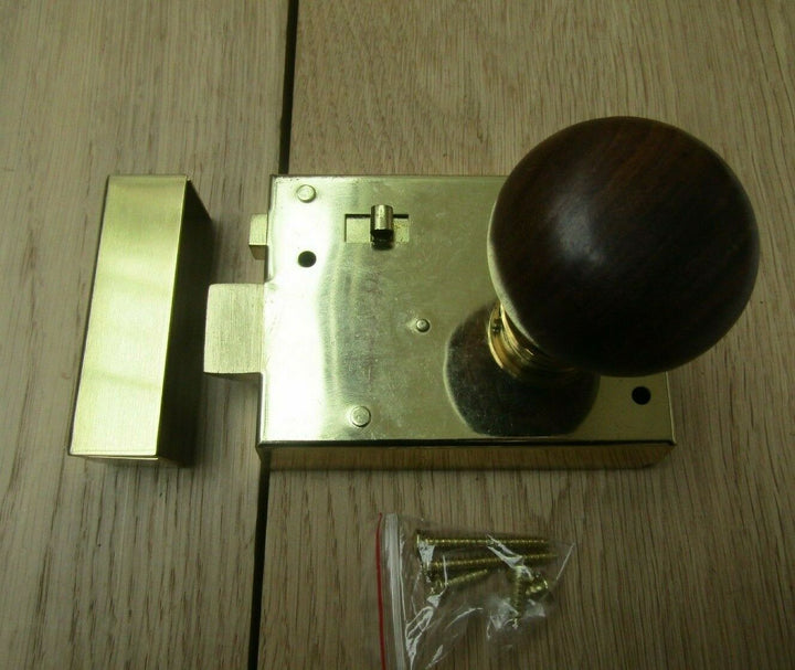 4inch Rim Latch Brass & Plain Bun Teak + Brass Set.