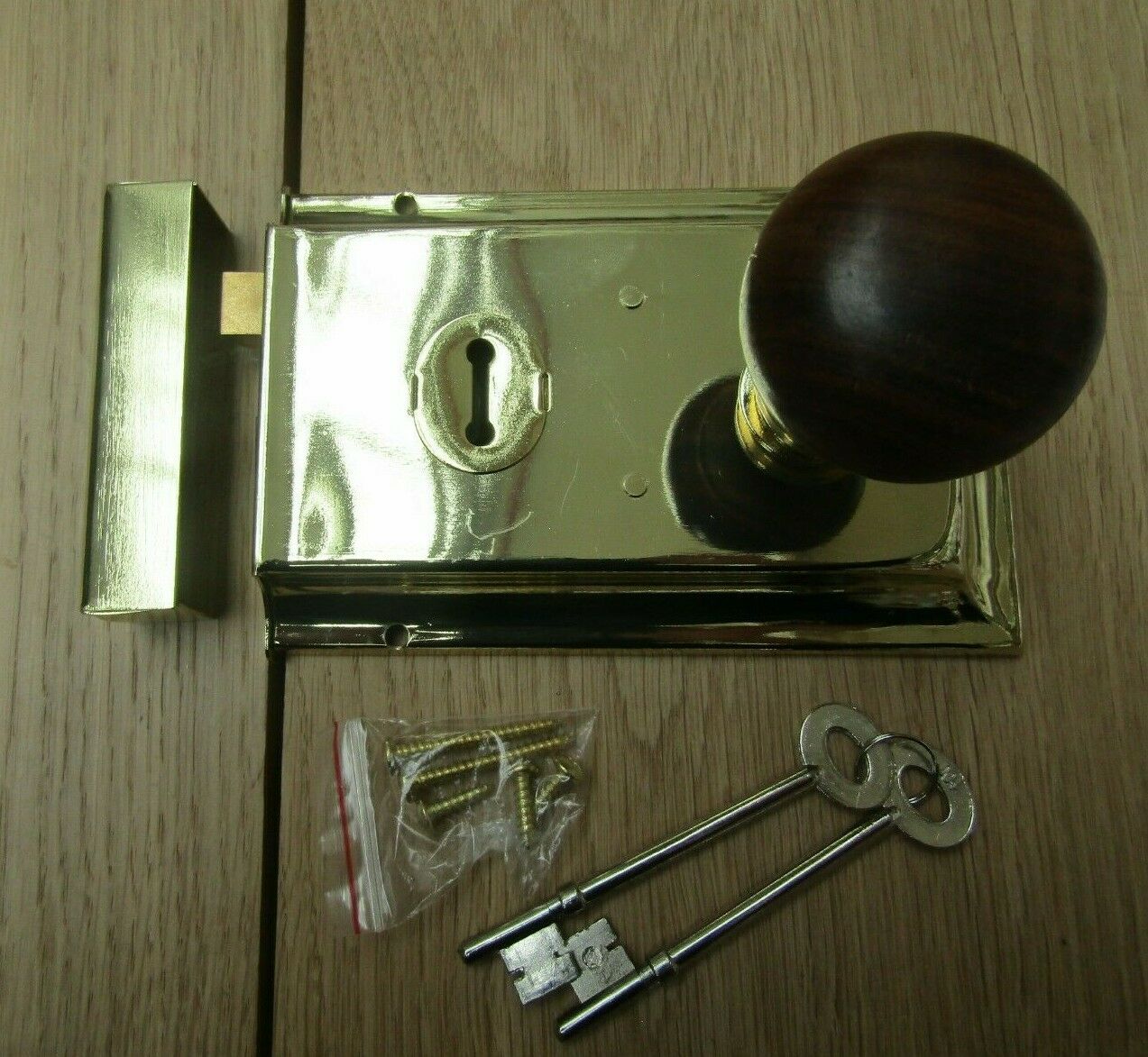 6inch Rim Lock Brass & Plain Bun Teak + Brass Set.
