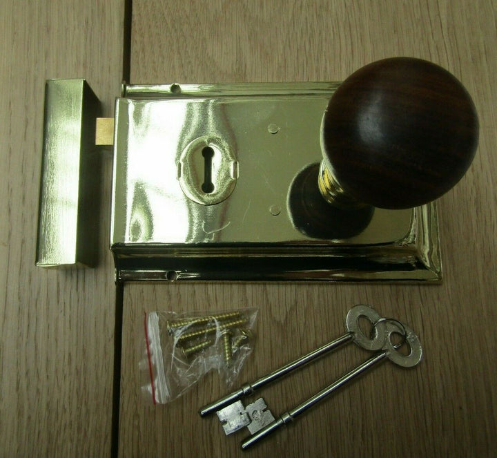 6inch Rim Lock Brass & Plain Bun Teak + Brass Set.