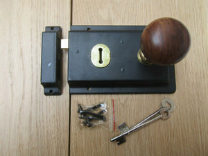 6inch Rim Lock Black & Plain Bun Teak + Brass Set.