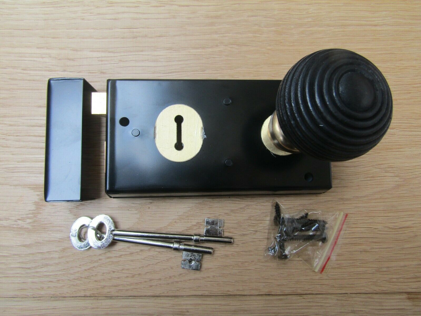 5.5inch Rim Lock Black & Beehive Ebony + Brass Set.